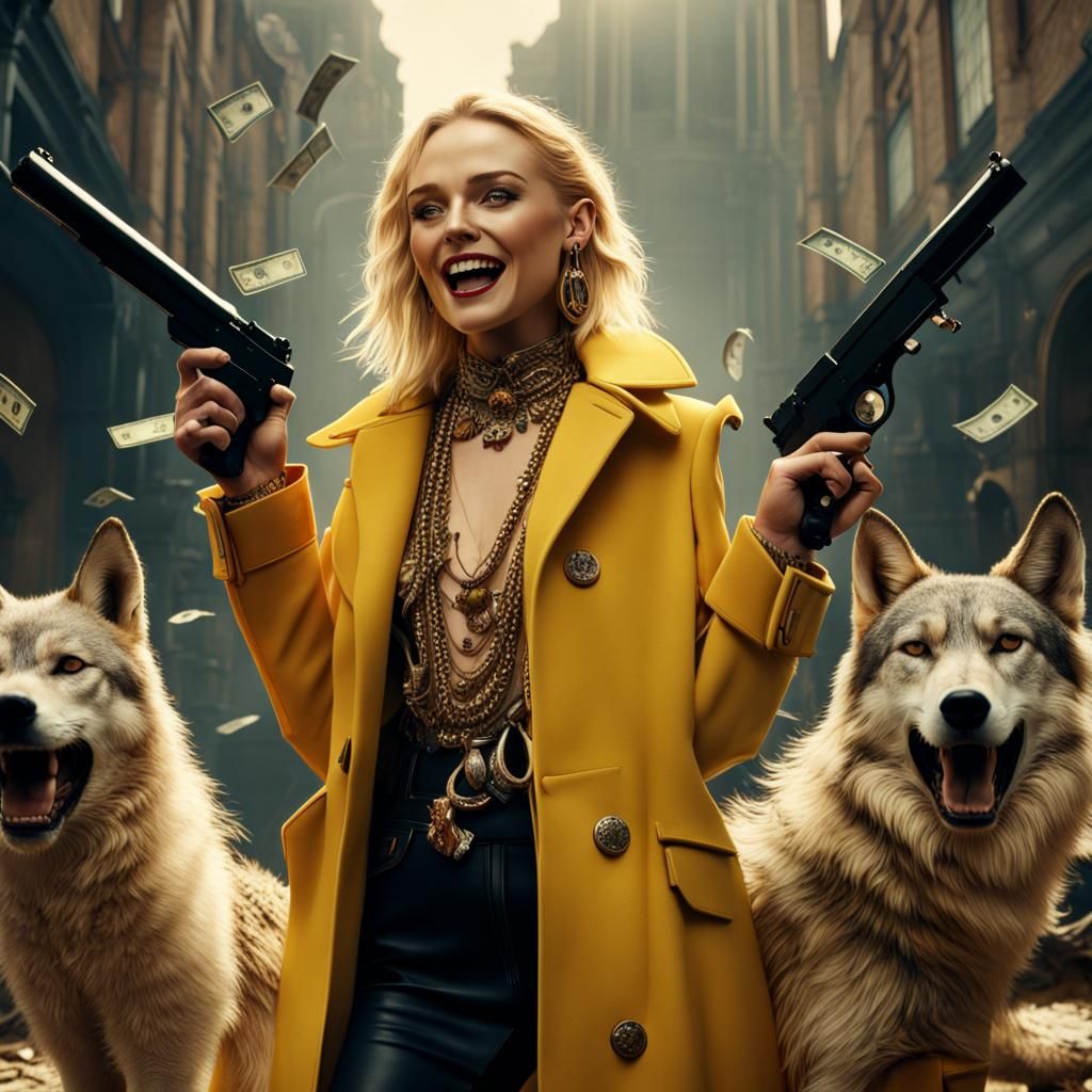 Woman with Wolves, Money, and Gun: Cinematic Digital Art