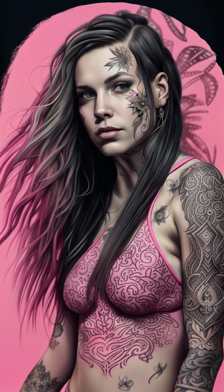Tattooed Woman in Pink Swimsuit: Detailed Fantasy Art