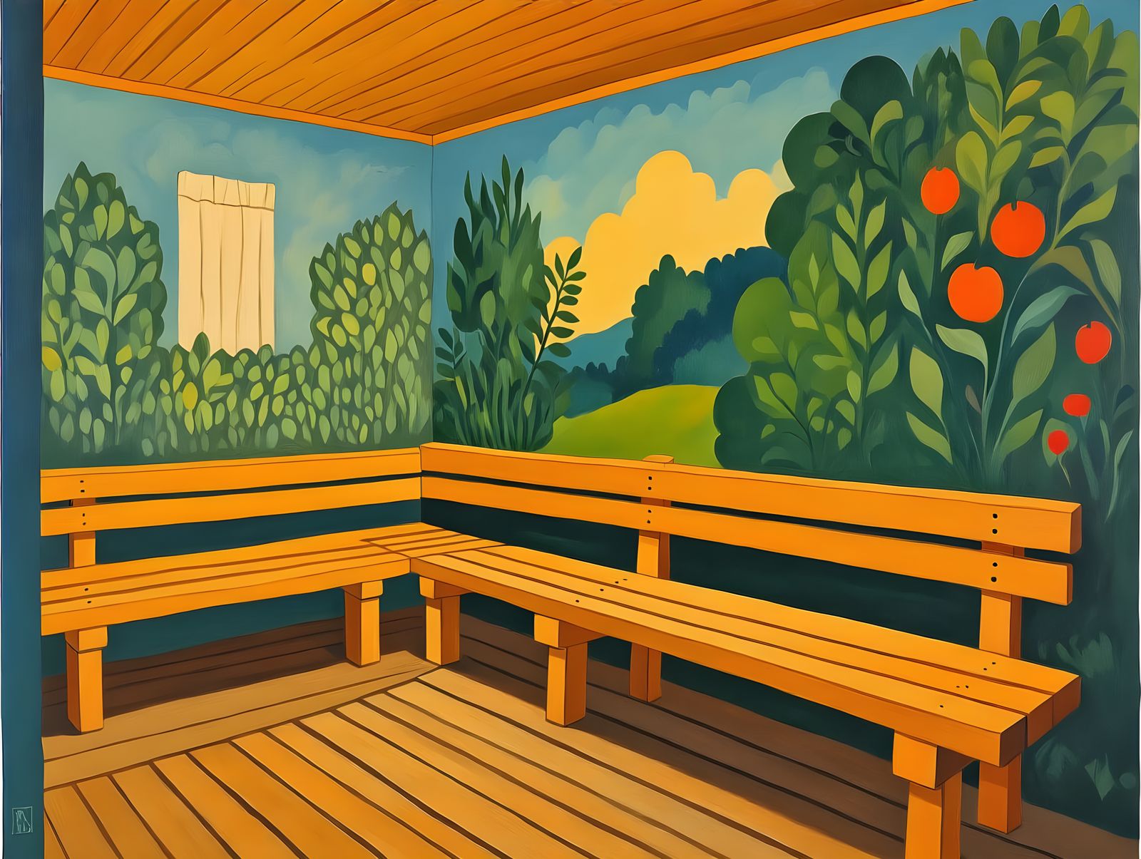 Cozy Naïve Art Sauna Scene with Wooden Benches and Steamy Am...