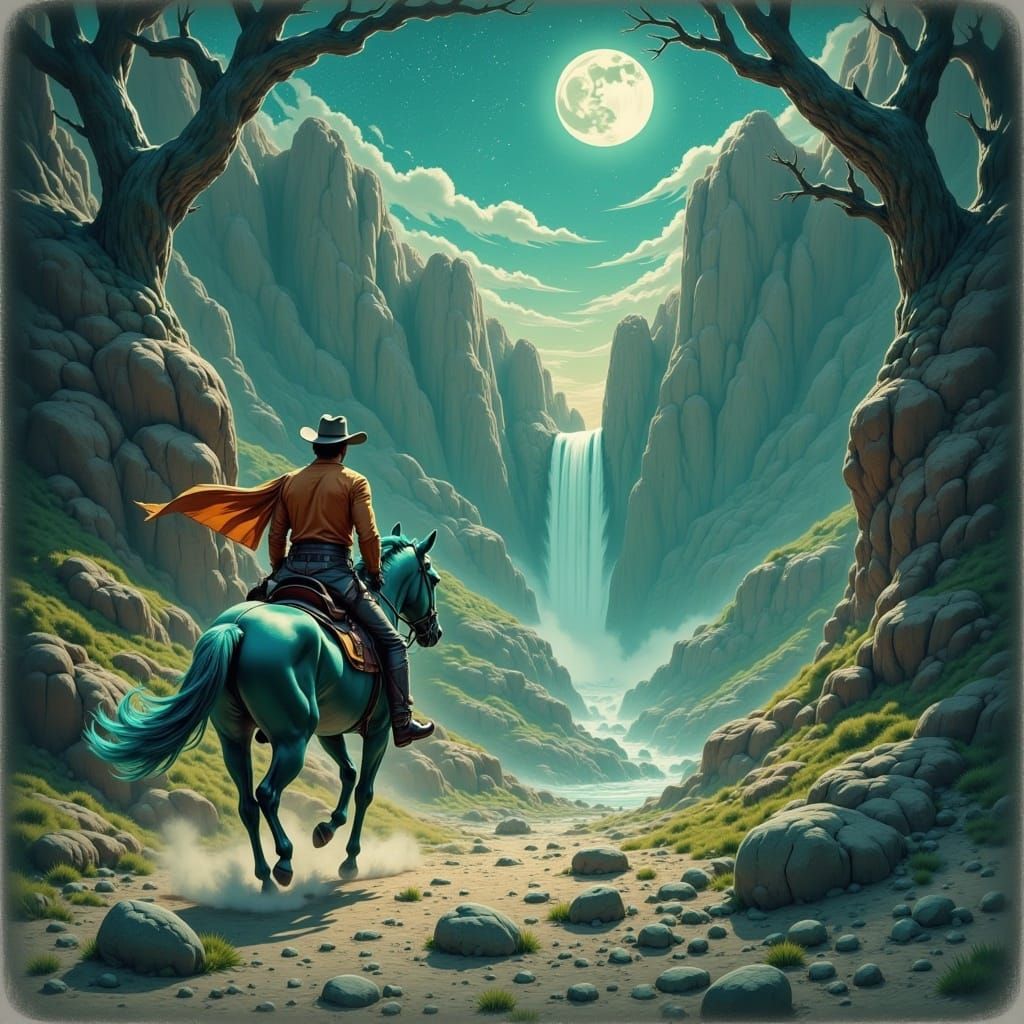 Cowboy Rides Through Moonlit Canyon in Romantic Style