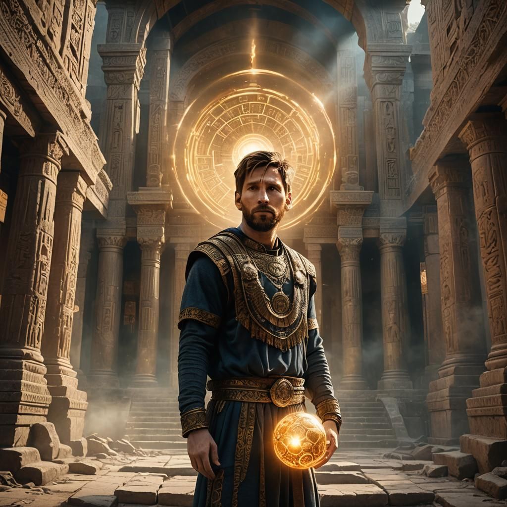 Heroic Messi in Ancient Temple, Fantasy Art