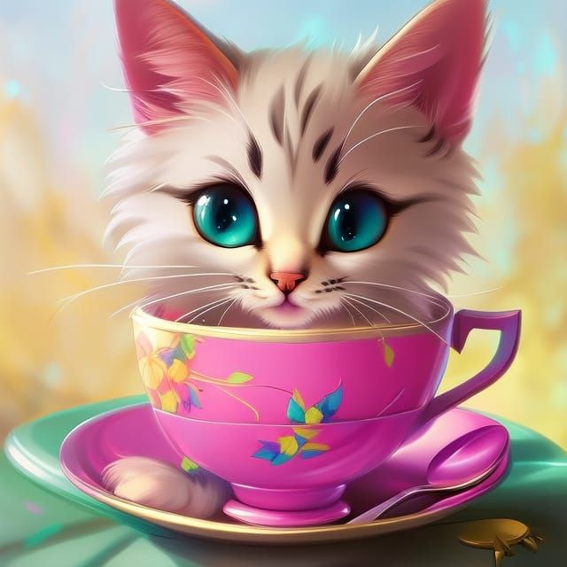Cute Kitten Portrait in Teacup, Digital Art
