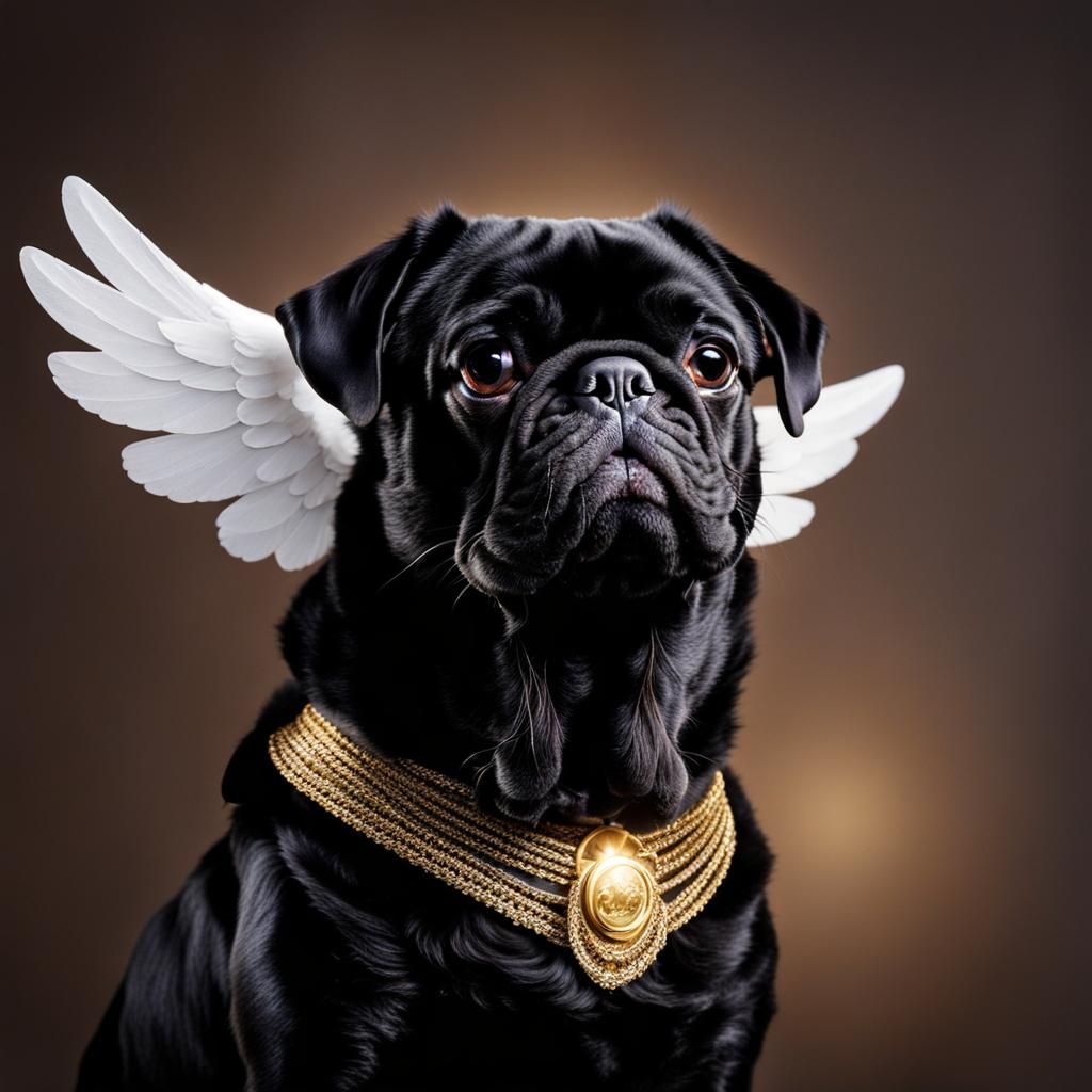Black Pug Dog with Wings and Halo