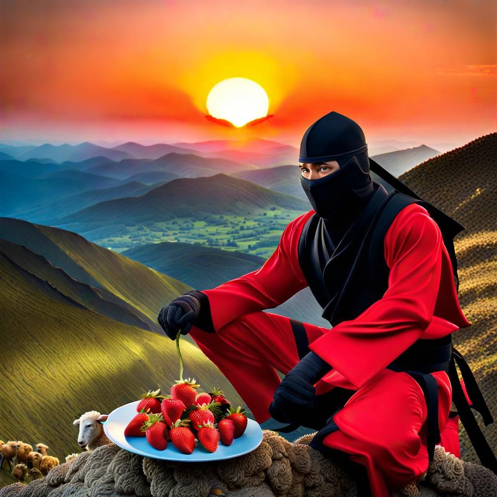 Surreal Strawberry Ninja Sunset Scene as Oil Painting