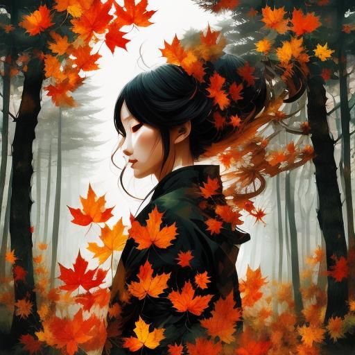 Kitsune in Autumn Forest: Double Exposure Portrait