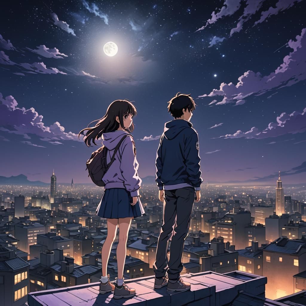 Anime Rooftop Scene: Moonlit Night Sky