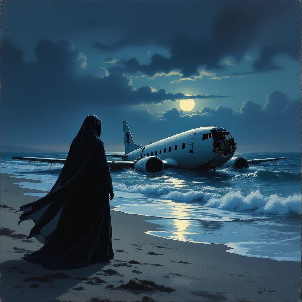 Priestess on Windswept Shore with Crashed Plane