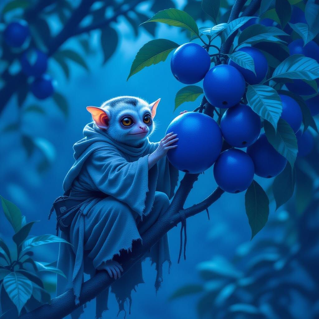 Ethereal Tarsier Ghost Climbing a Blue Fruit Tree