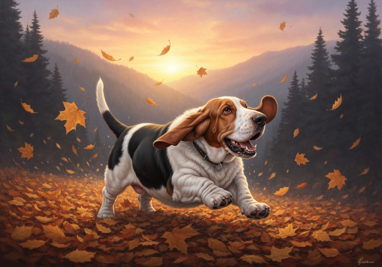 Basset Hounds Running Through Autumn Leaves in Ethereal Ligh...