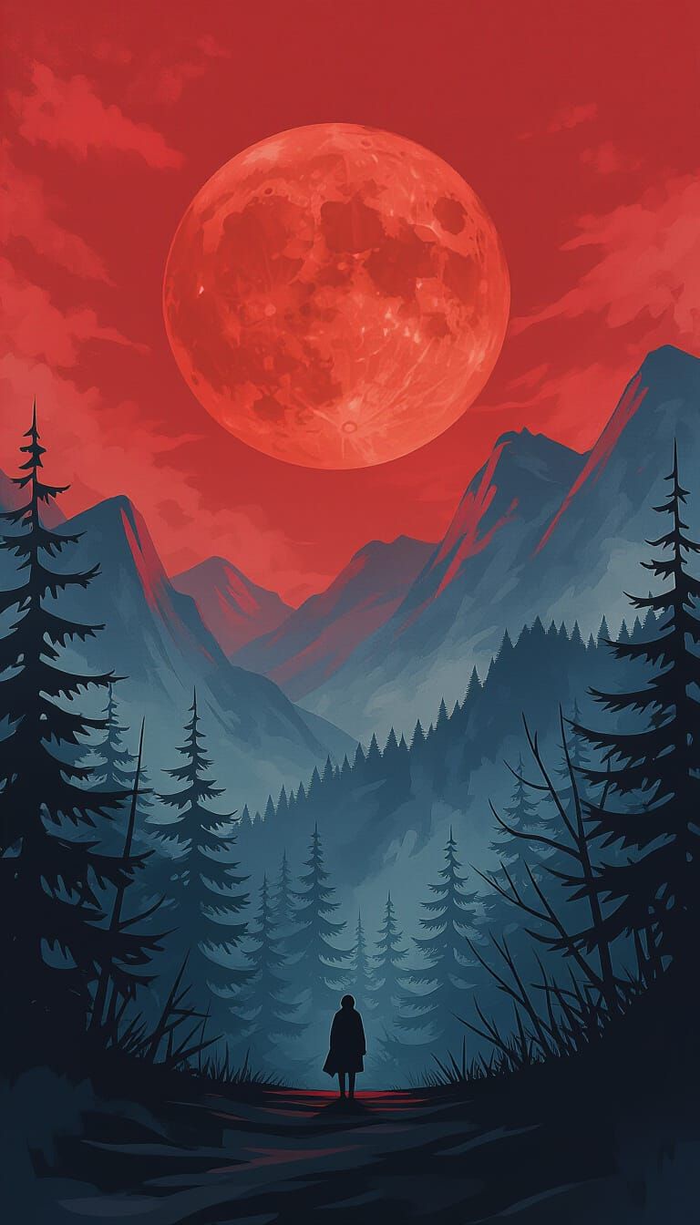 Ghostly Forest Scene with Crimson Moon