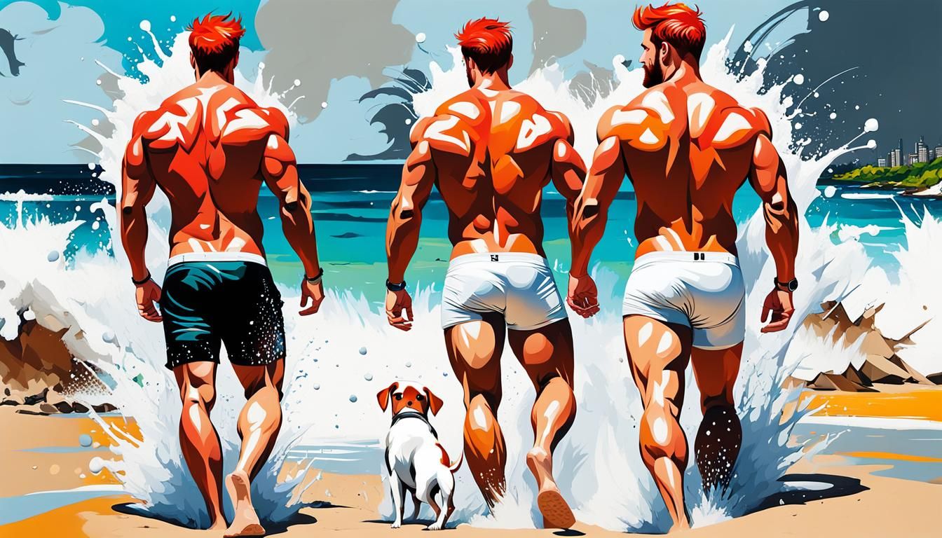 Two Red-Haired Men Walking on Beach in Graffiti Art
