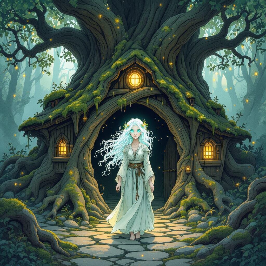 Ethereal Forest Spirit at Ancient Tavern Entrance