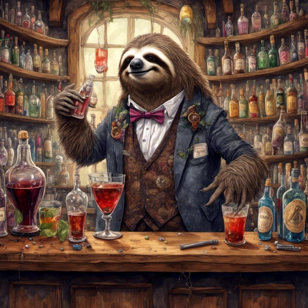 Victorian Sloth Bartender in Humorous Cartoon Style