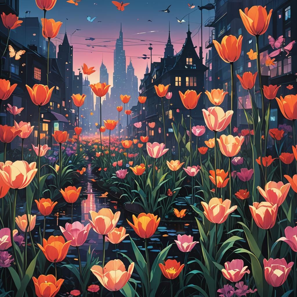 City Lights Bloom Within Tulip Petals