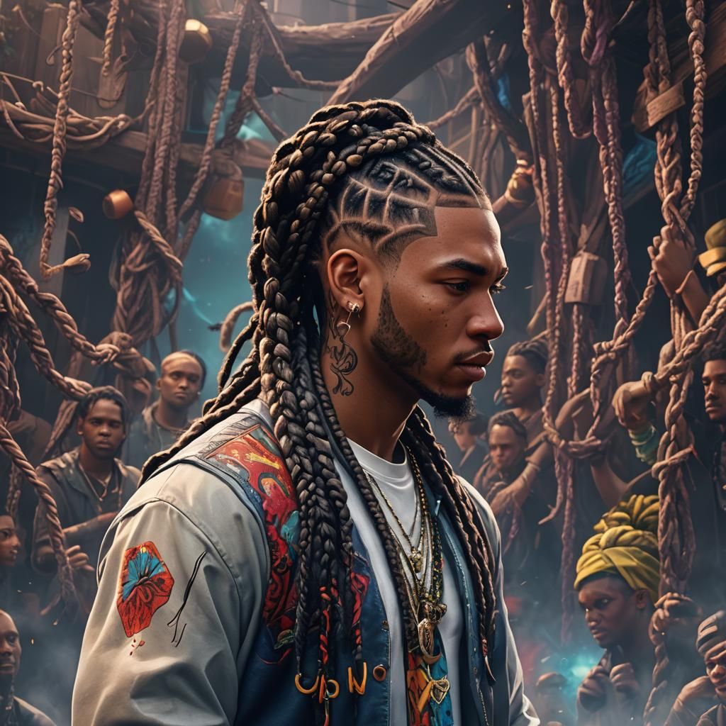 Male Rapper with Braids in Detailed Matte Painting
