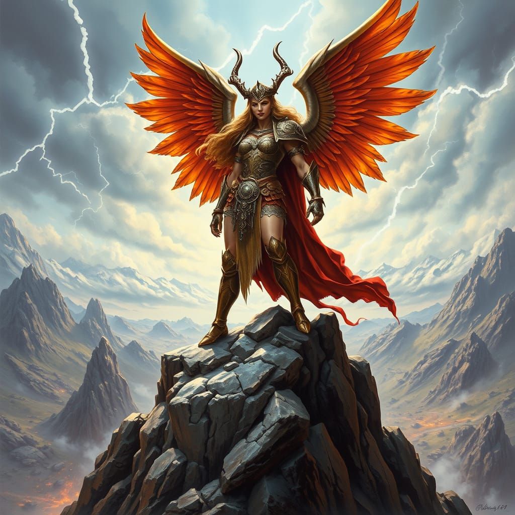 Valkyrie on Windswept Peak in Heroic Style