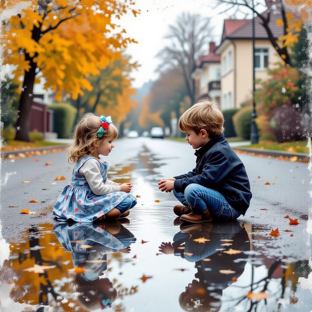 Children by Puddle, Autumn Street Scene