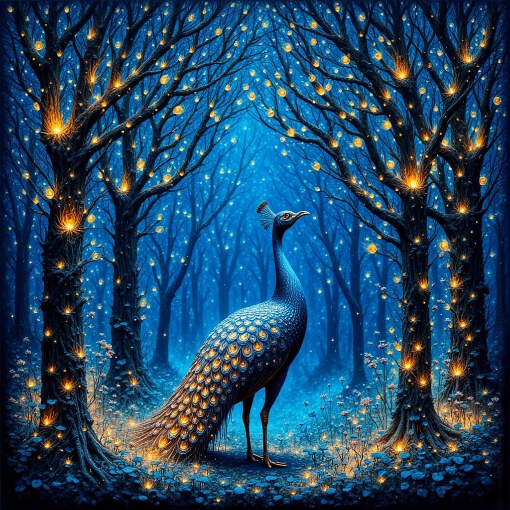 Shimmering Peacock in Abstract Forest Clearing