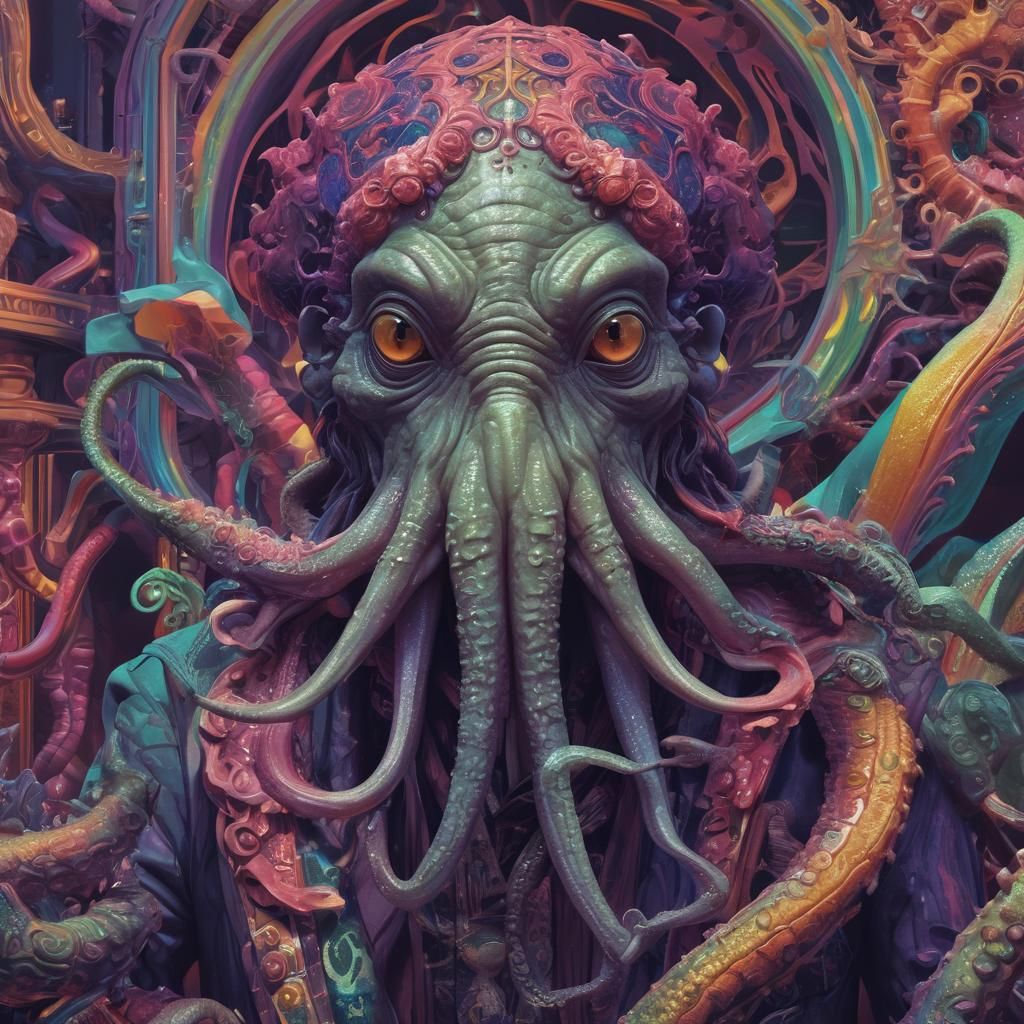 Cute Cthulhu in Vaporwave Hypermaximalist Style