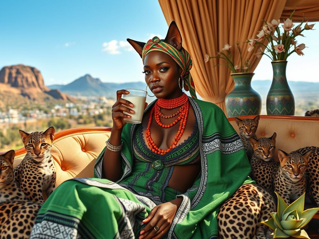Cat-Eared Woman Lounging in Maseru with Leopard Cubs