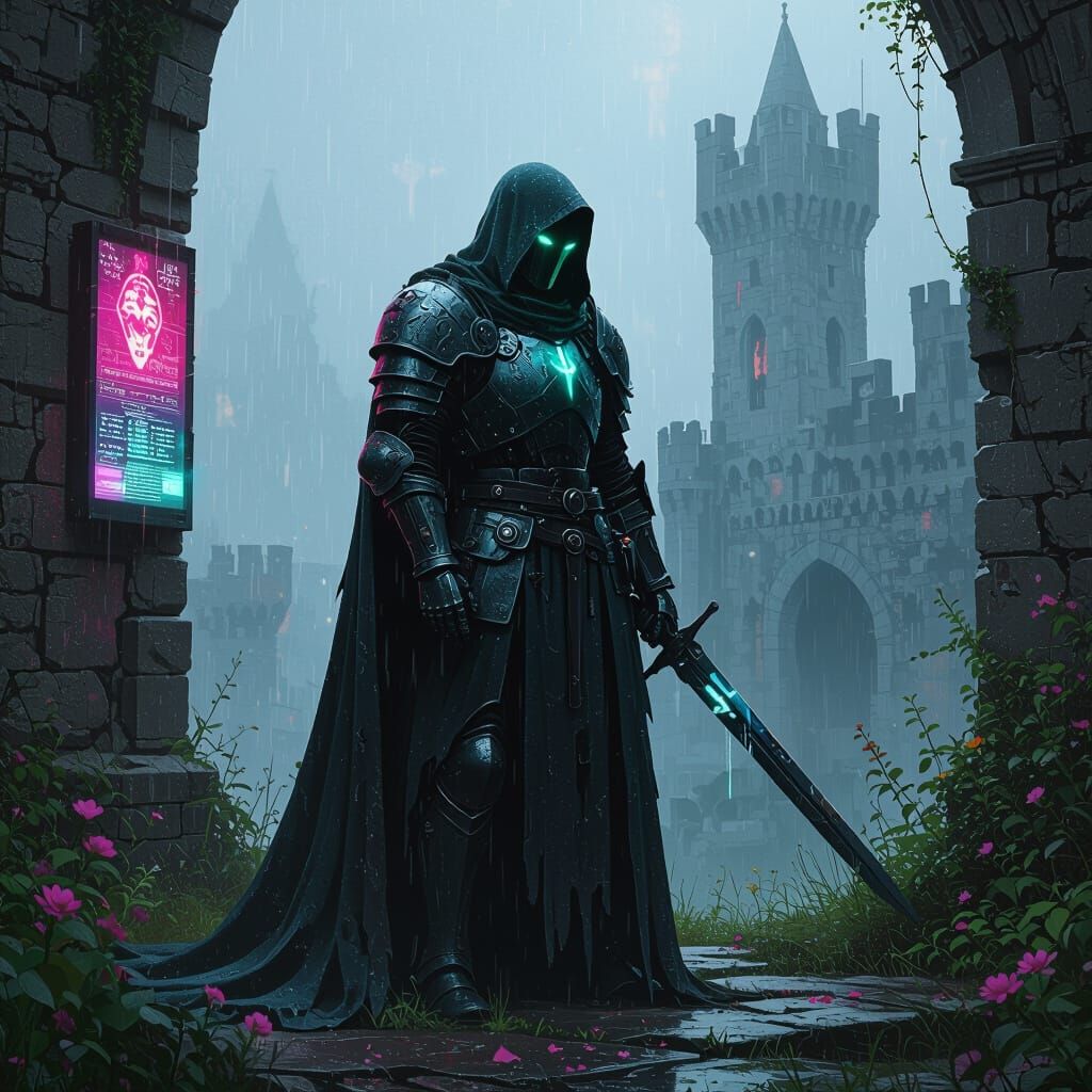 Cybernetic Knight Guards Forgotten Castle in Dark Fantasy St...