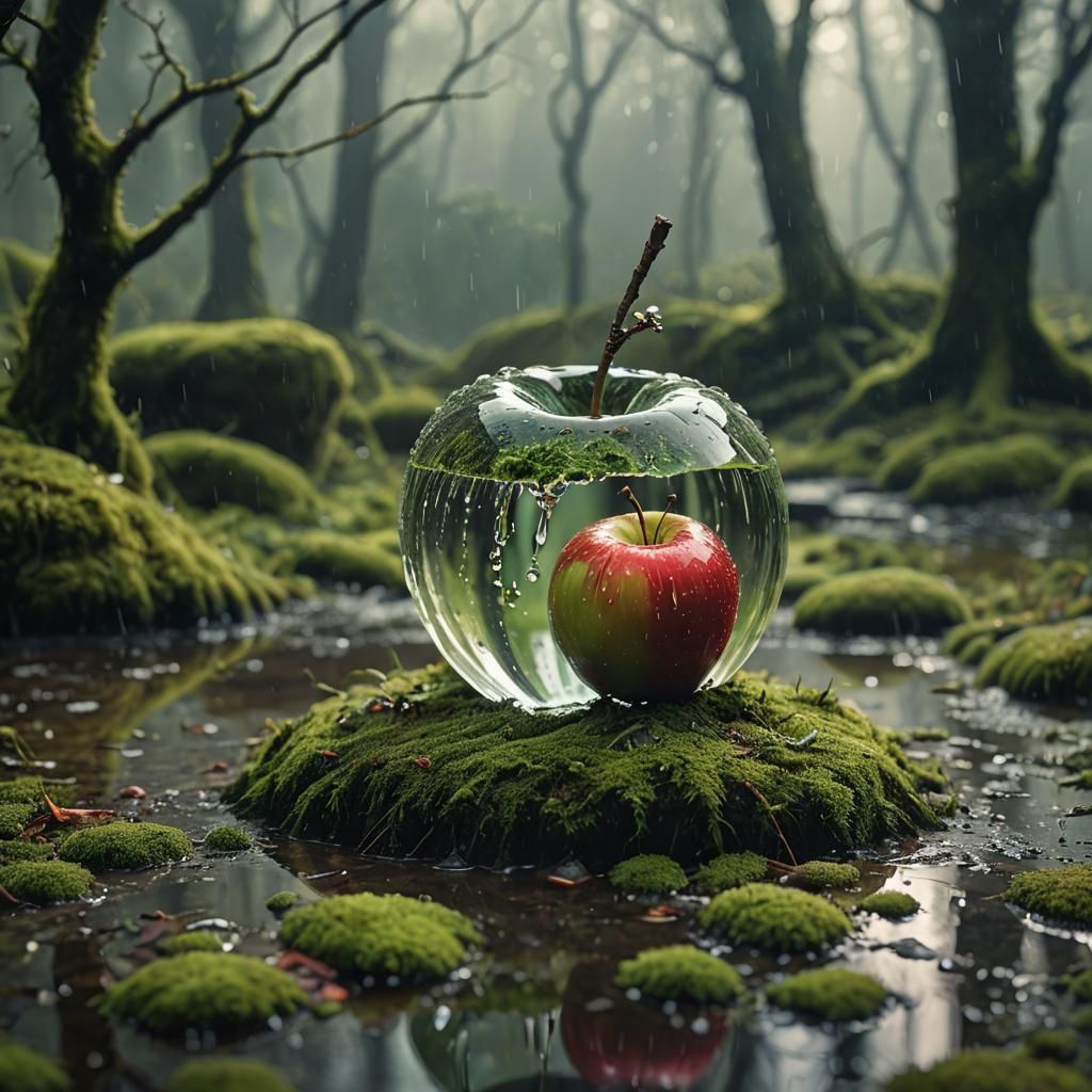 Glowing Glass Apple on Mossy Stone Pedestal