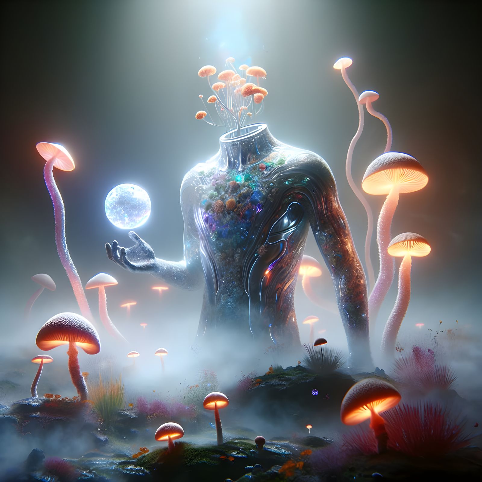Surreal Figure Embraces Mystical Fungi in Holographic Bodysu...