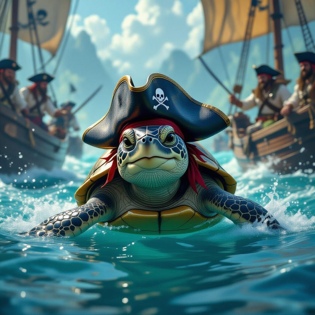 Turtle's Desperate Escape from Pirates: Hyper-Realistic Scen...