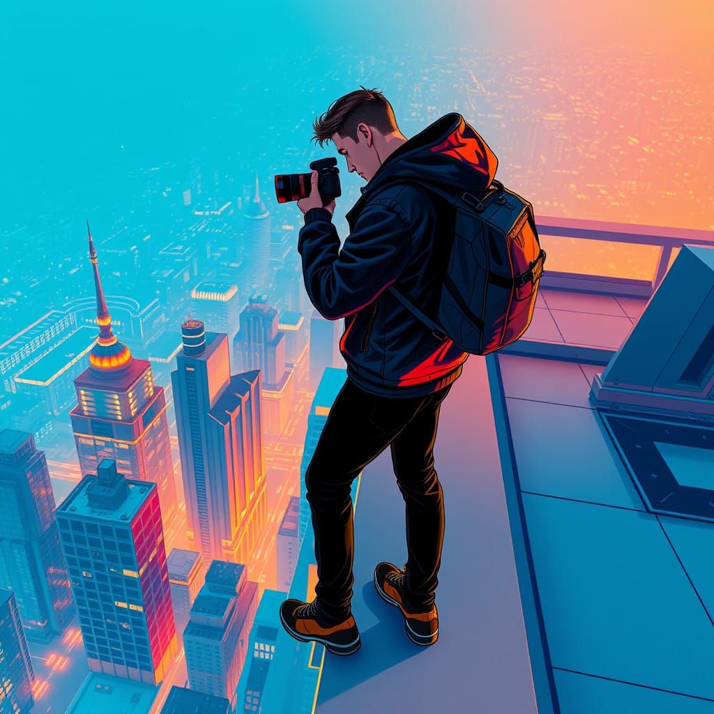 Photographer on Skyscraper Rooftop in Graphic Novel Style
