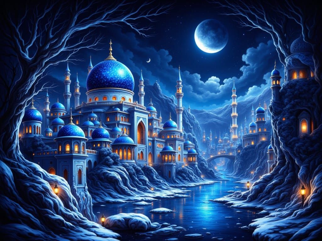 Chibi Moroccan Cityscape with Blue Mosaic Dome