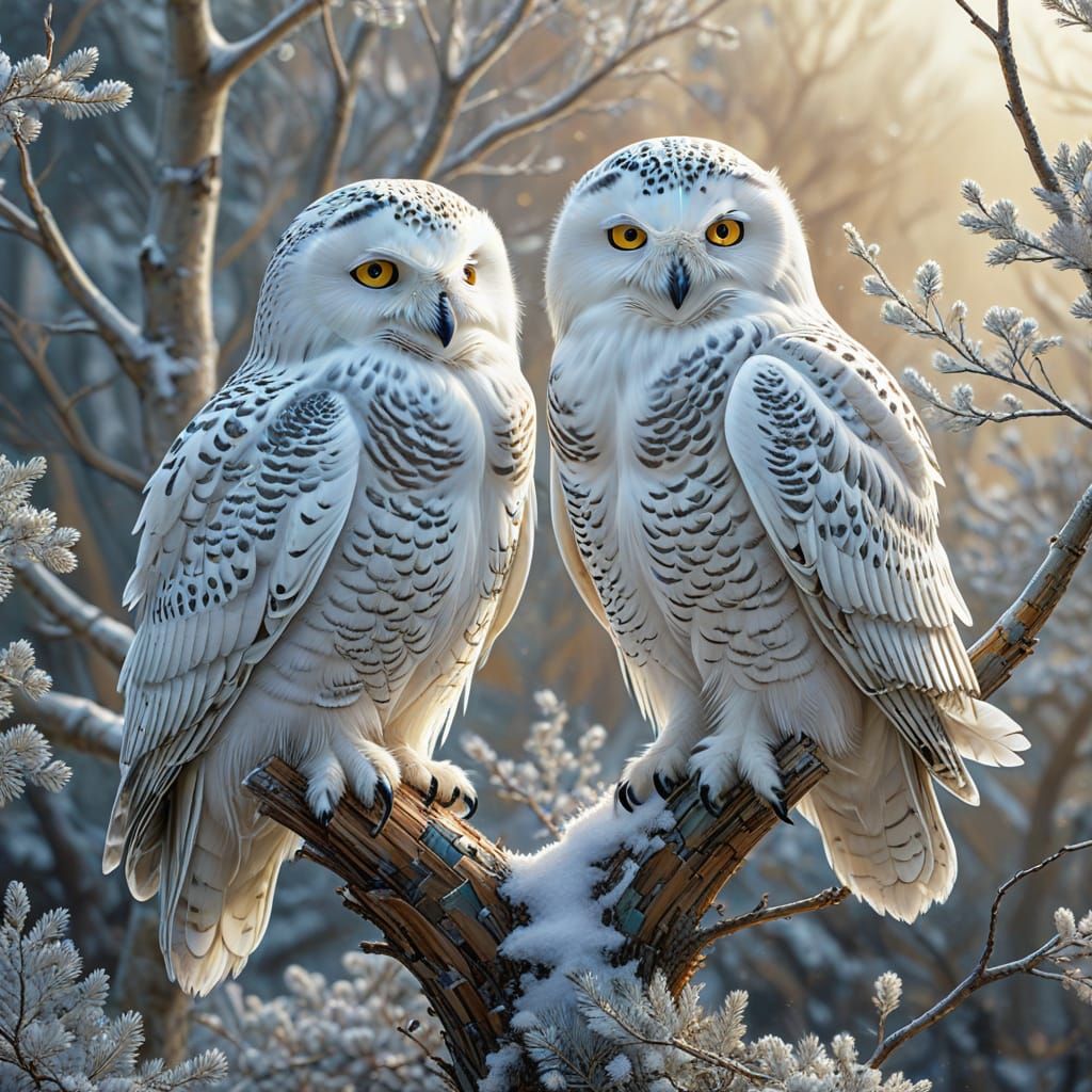 Snowy Owls in Mosaic-Like Tile Art
