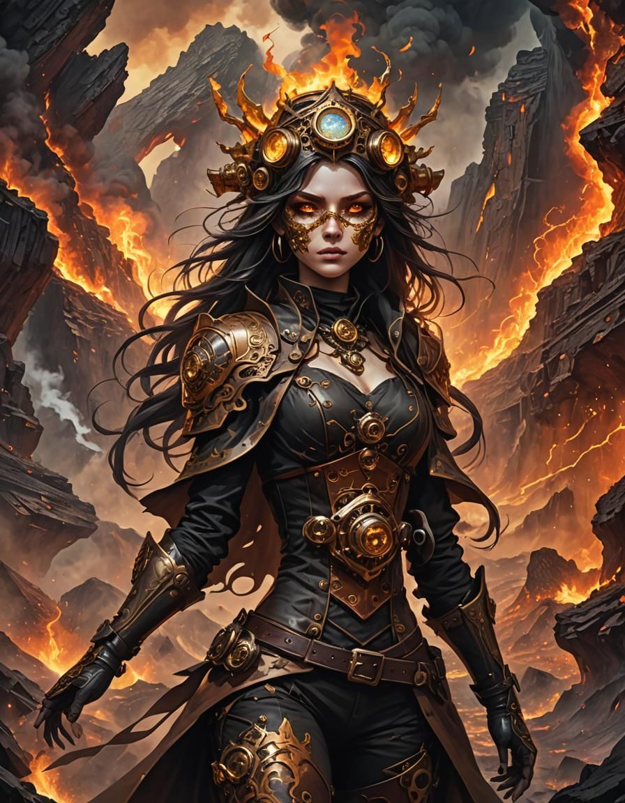 Steampunk Girl Conjures Wind at Fiery Volcano