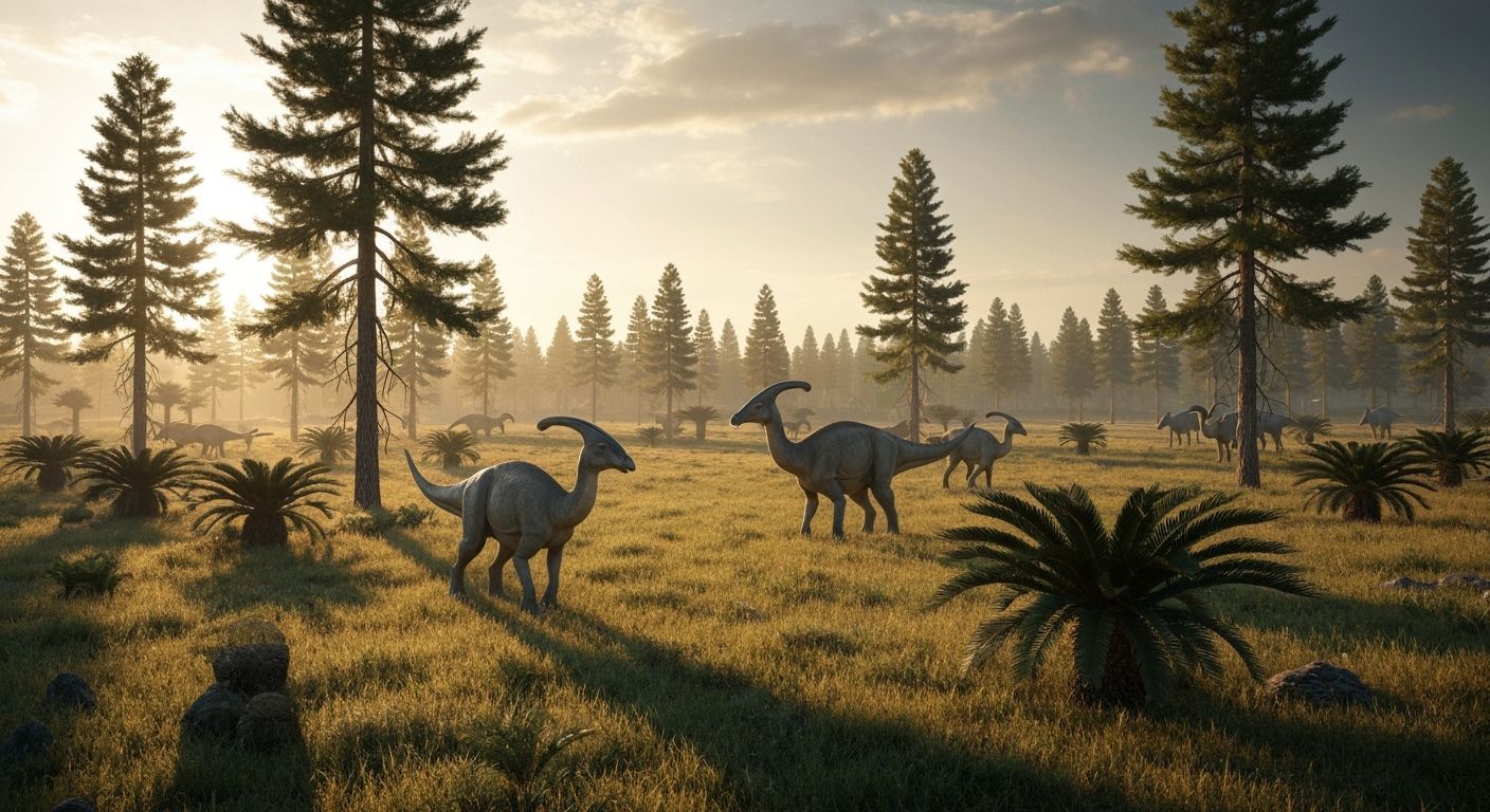 Parasaurolophus Herd Roams Cretaceous Plain at Sunset