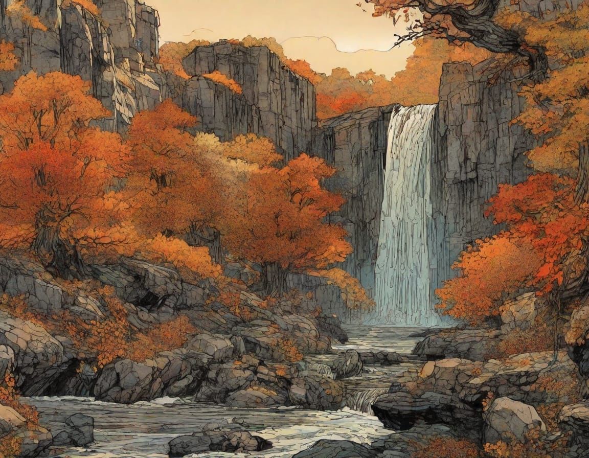 Intricate Autumn Waterfall in Detailed Comic Book Style