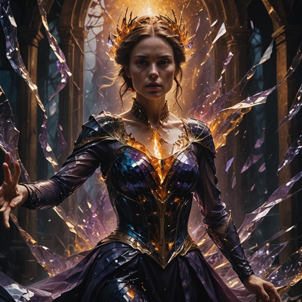 Glass Woman in Mystical Realm: Cinematic Oil Painting