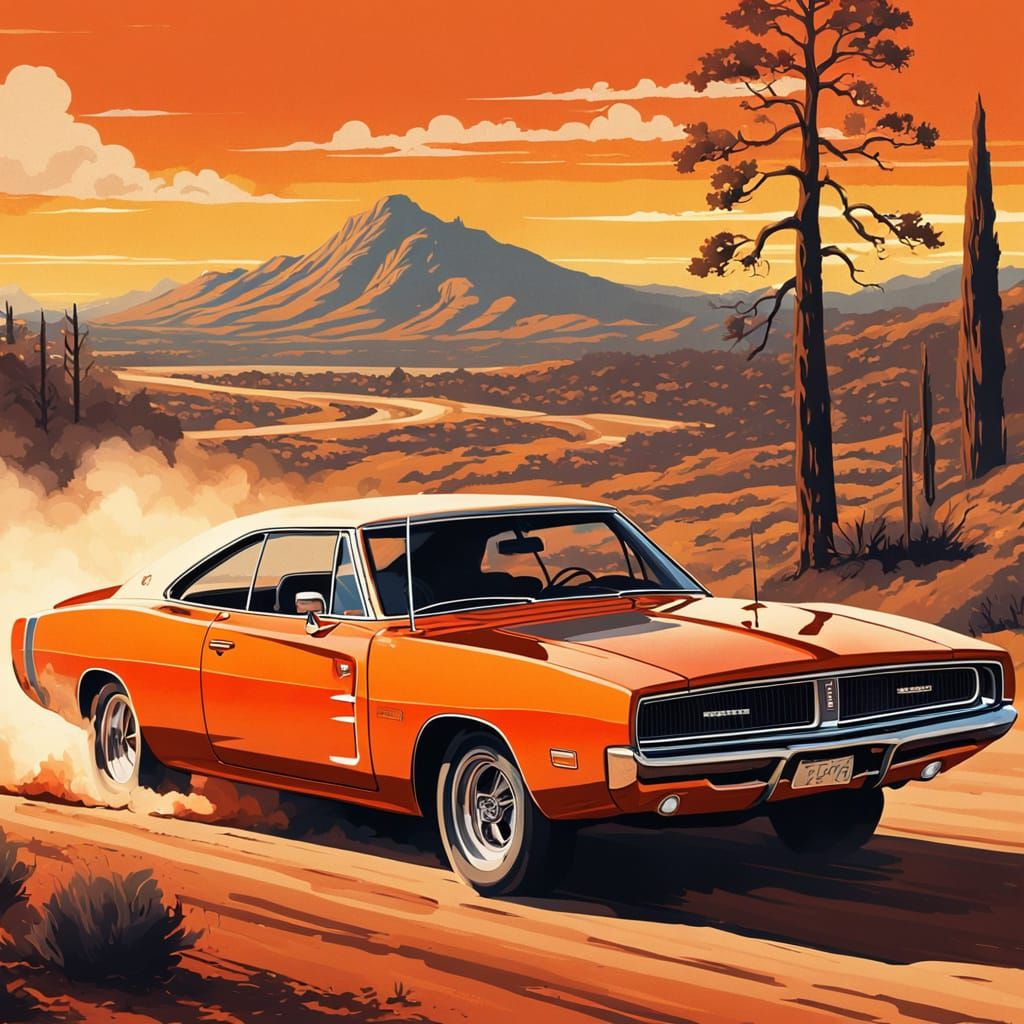 Dodge Charger on Dusty Road in Retro Style