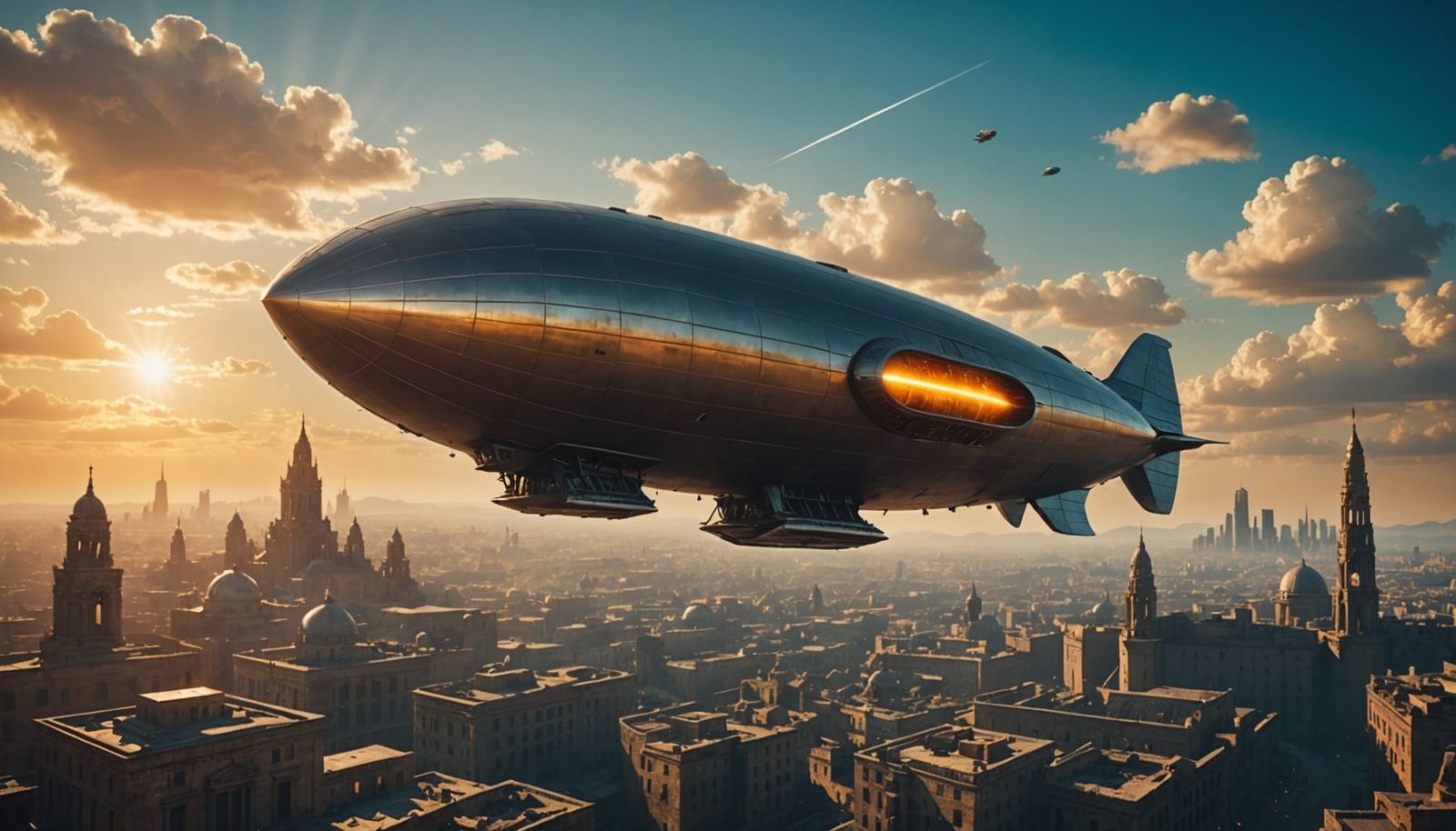 Futuristic Airship Over Ancient City Cinematic Style