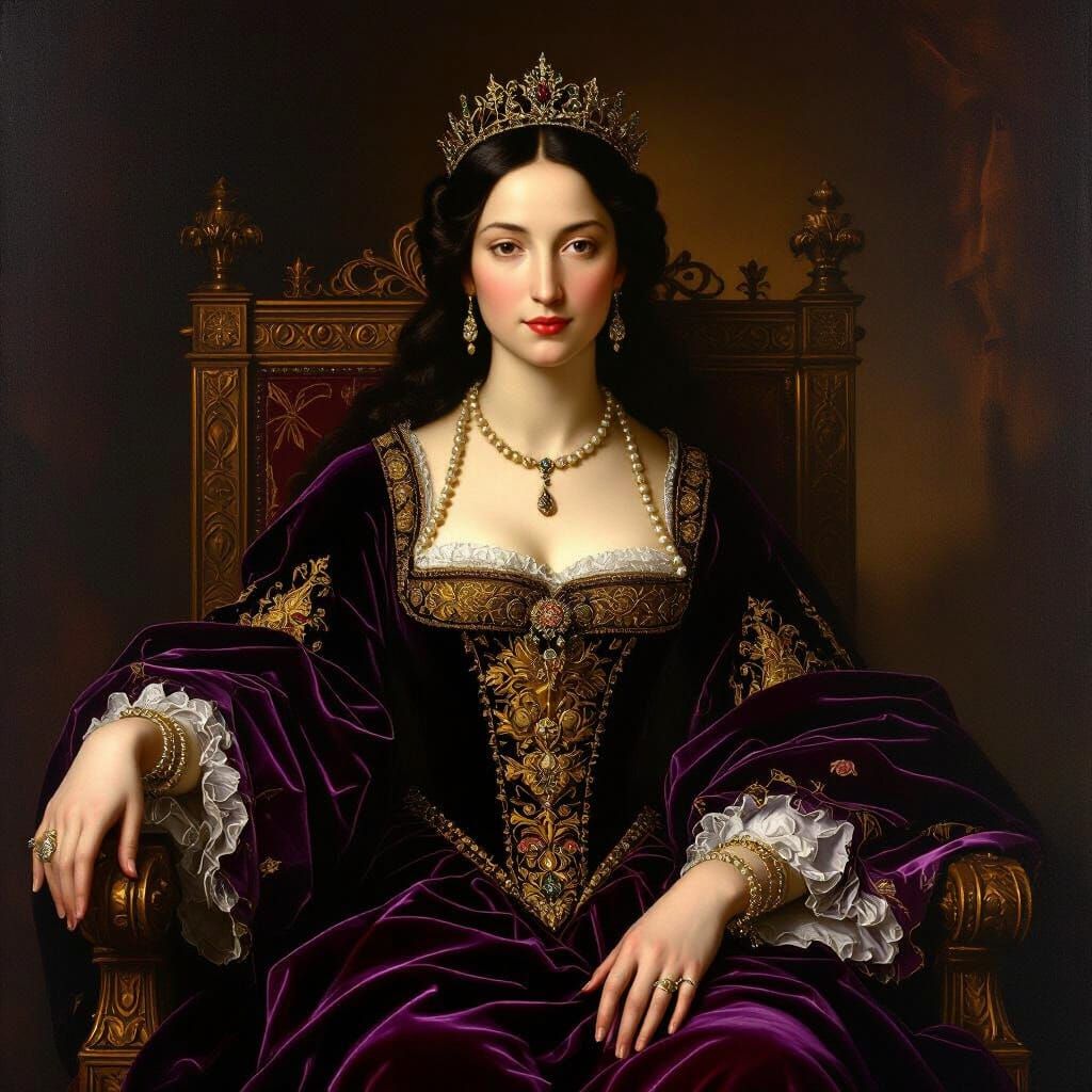 Regal Queen in Purple and Red Renaissance Portrait