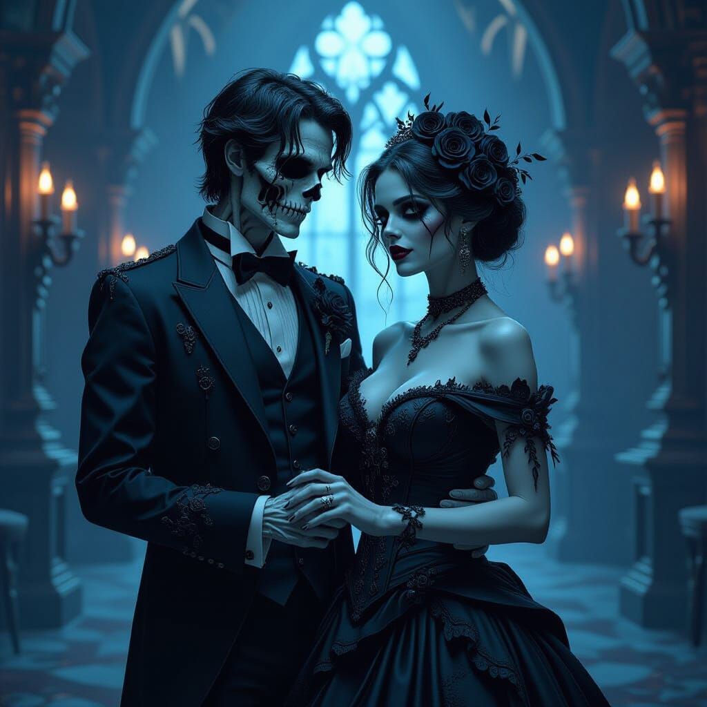 Undead Couple Dancing in Gothic Ballroom