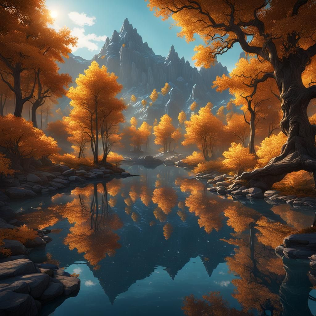 Sundawn at the mountain lake, golden trees at the bleu water