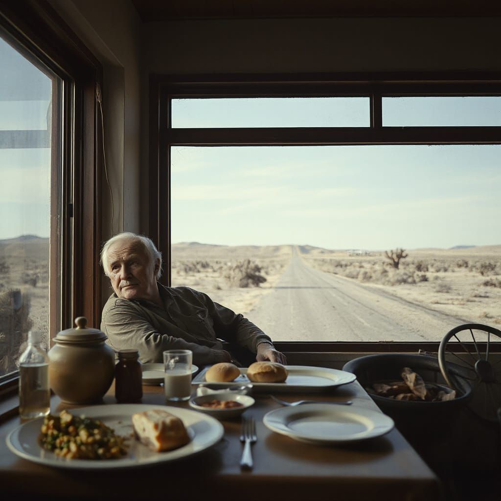 Man Gazes Out Diner Window at Desert Road