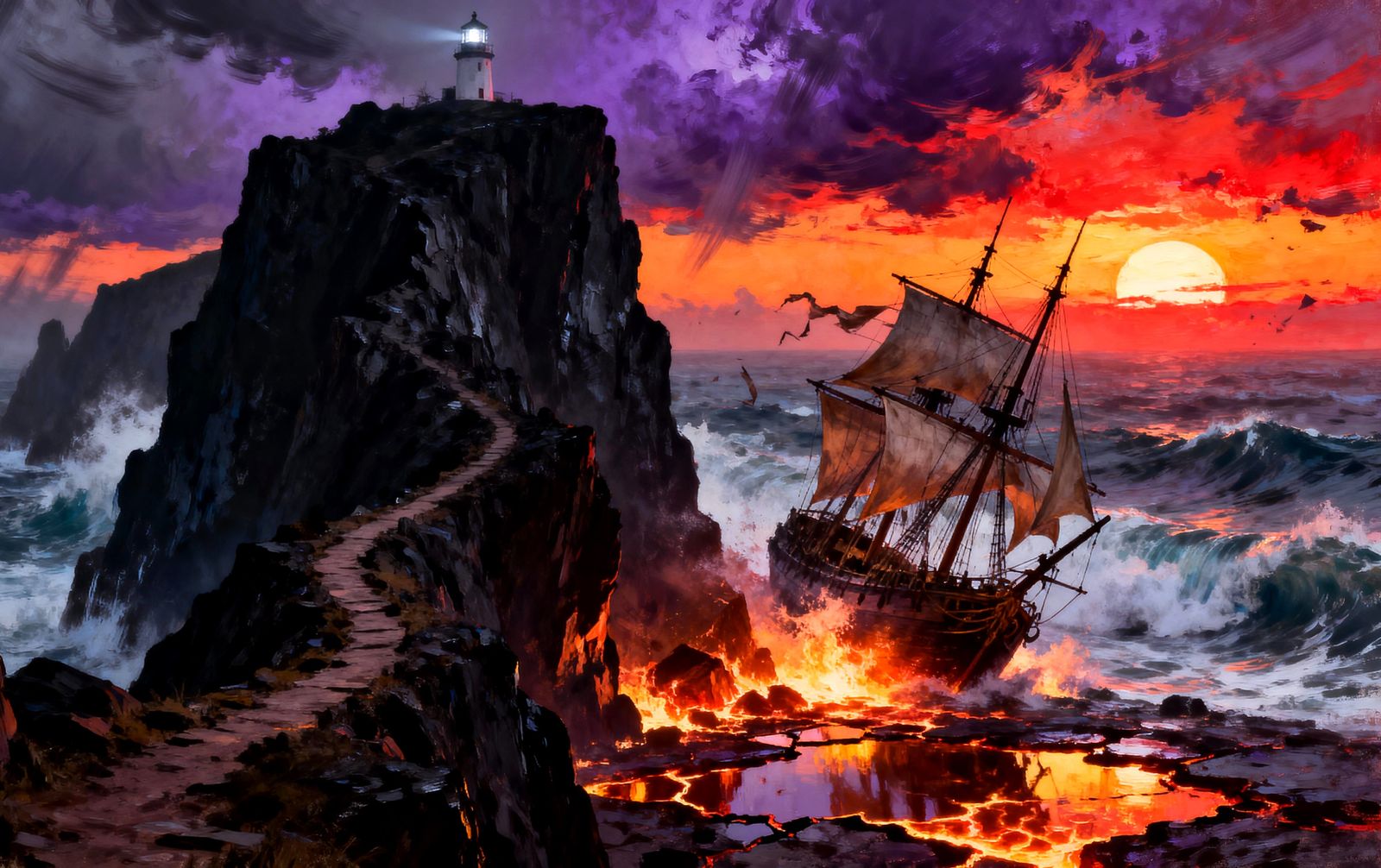 Apocalyptic Sunset Over Violent Sea with Lighthouse