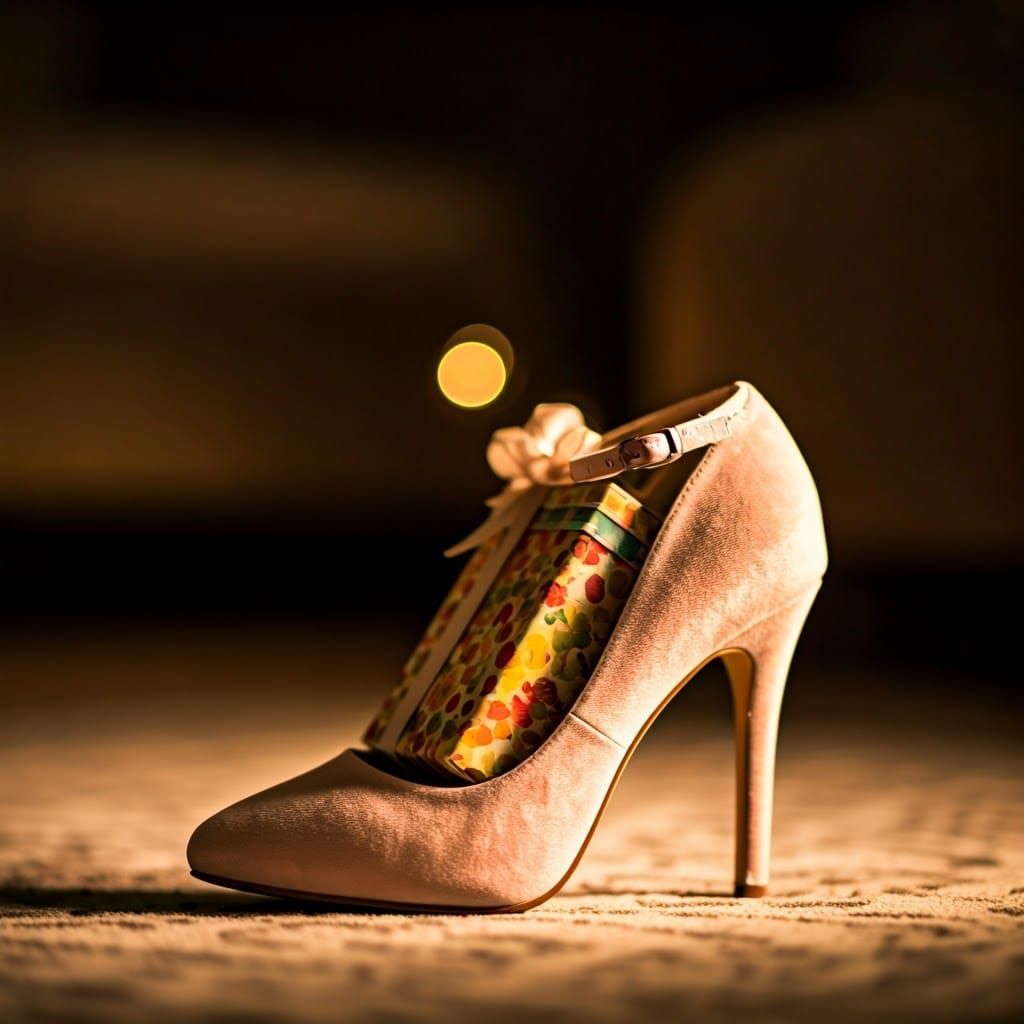 Soft Velvet High Heel Shoe with Gift in Cozy Living Room