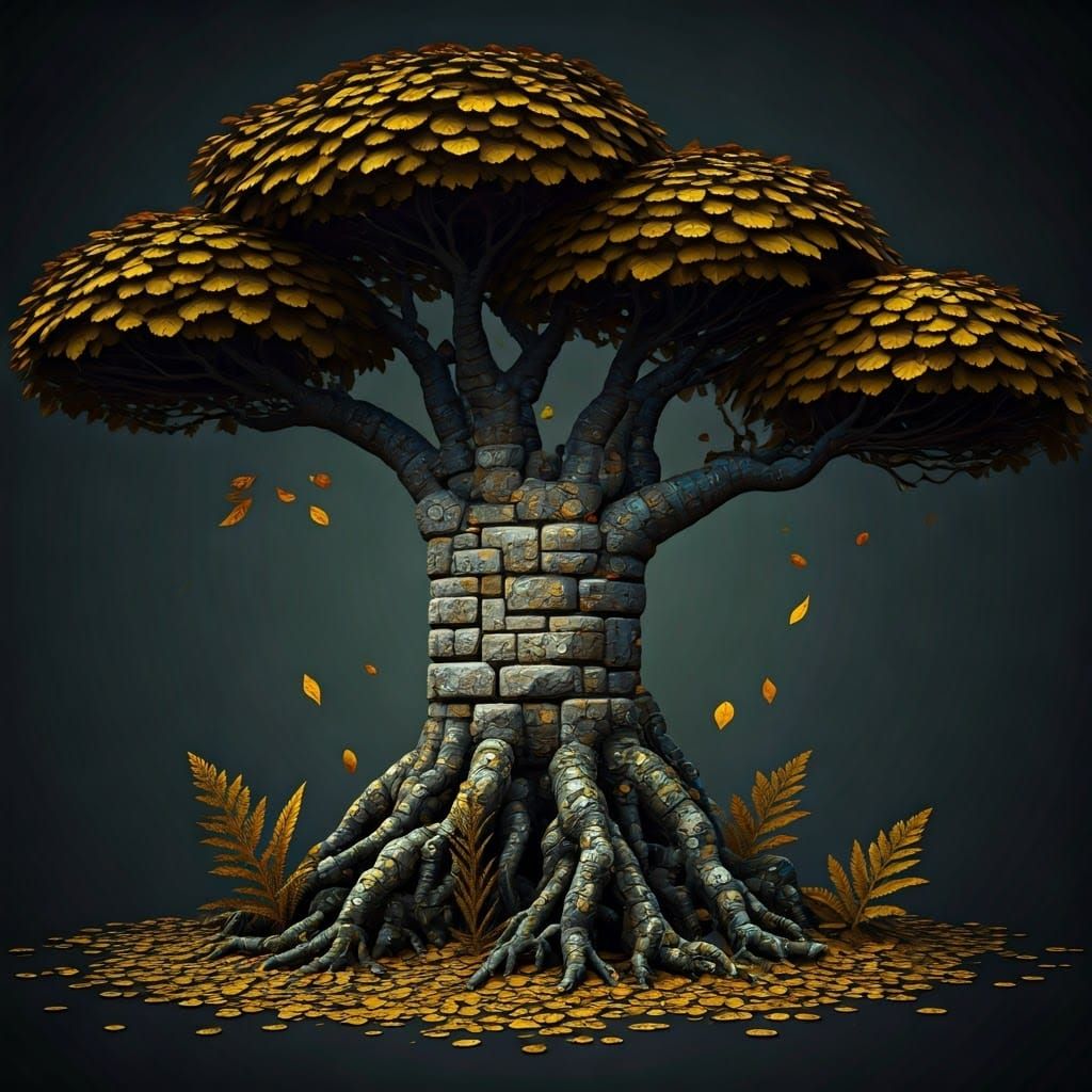 Cyberpunk Tree with Brick Leaves in a Futuristic Forest