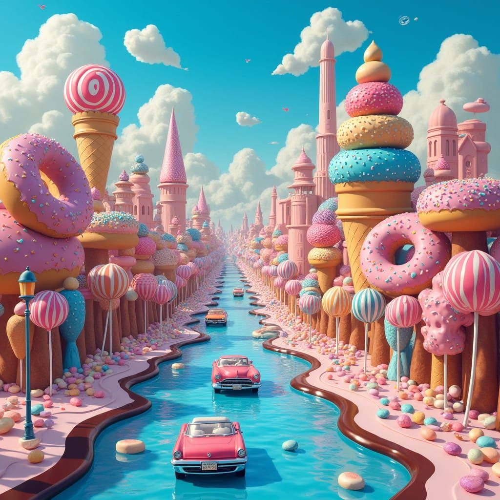 Vibrant Donut Cityscape with Ice Cream Cones and Chocolate R...