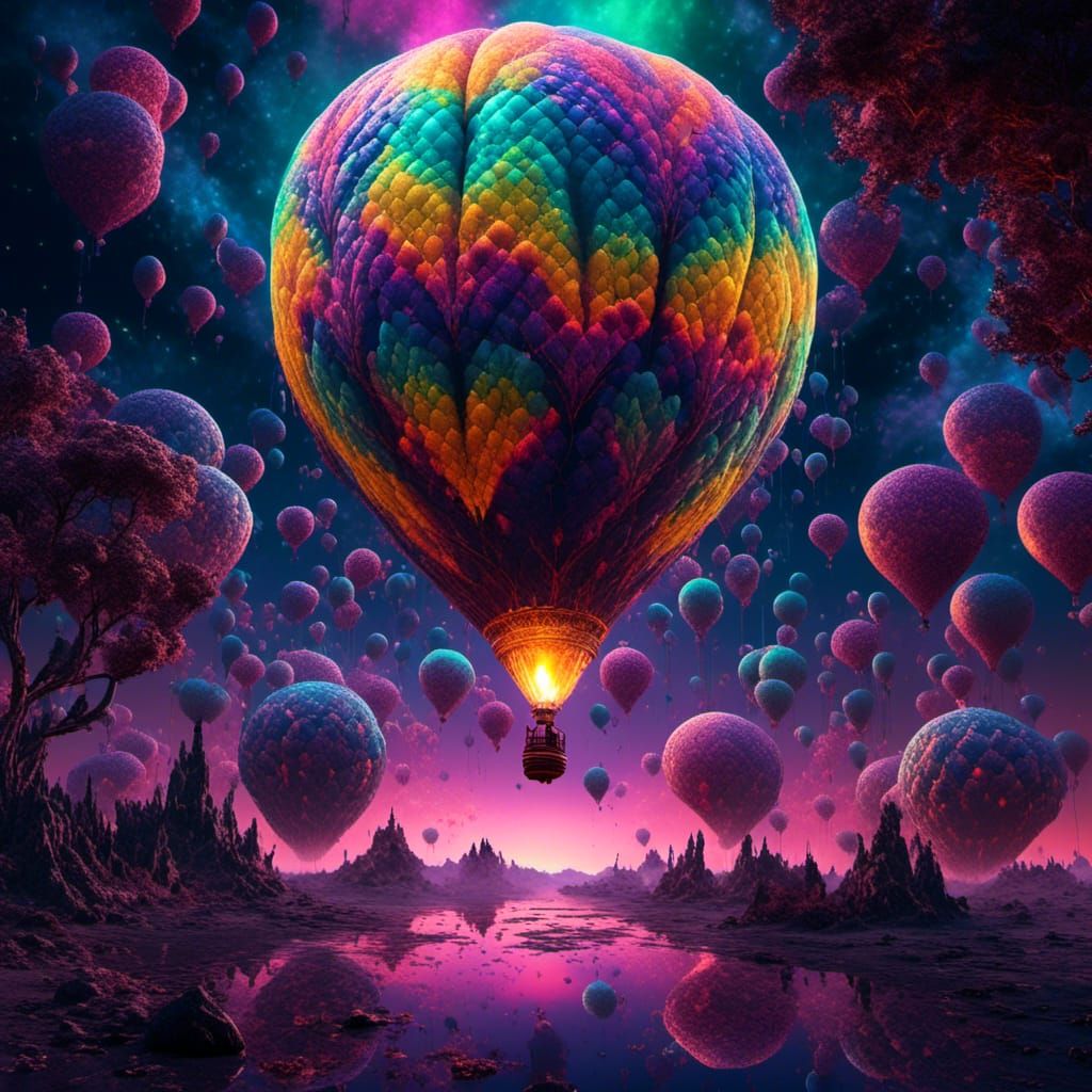 Bioluminescent Hot Air Balloon over Nebula Lake