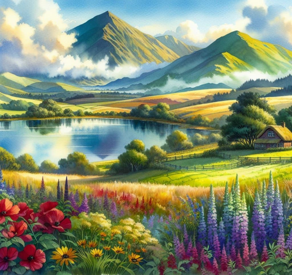 Vibrant Watercolor Landscape with Rolling Hills and Quaint C...
