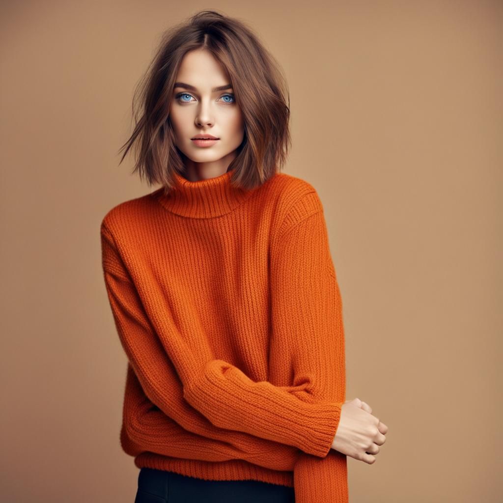 Young Woman with Brown Bob and Orange Sweater