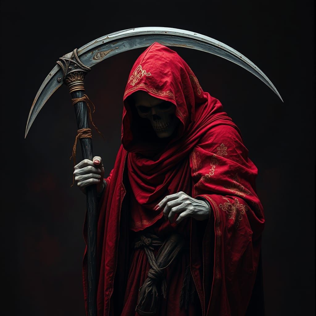 Hyperrealistic Grim Reaper in Dark Crimson Cloak