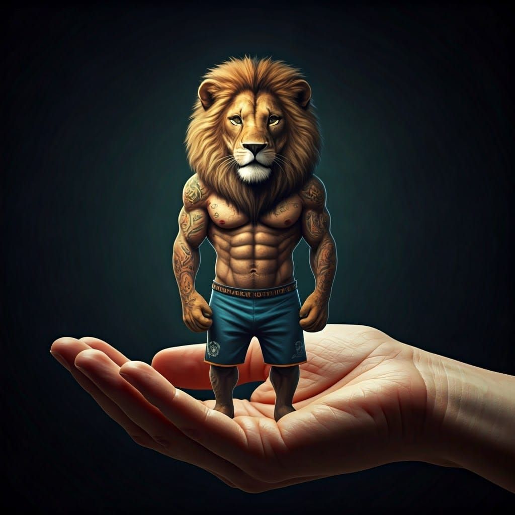 Tiny Tattooed Lion Bodybuilder in Hand: Fantasy Art